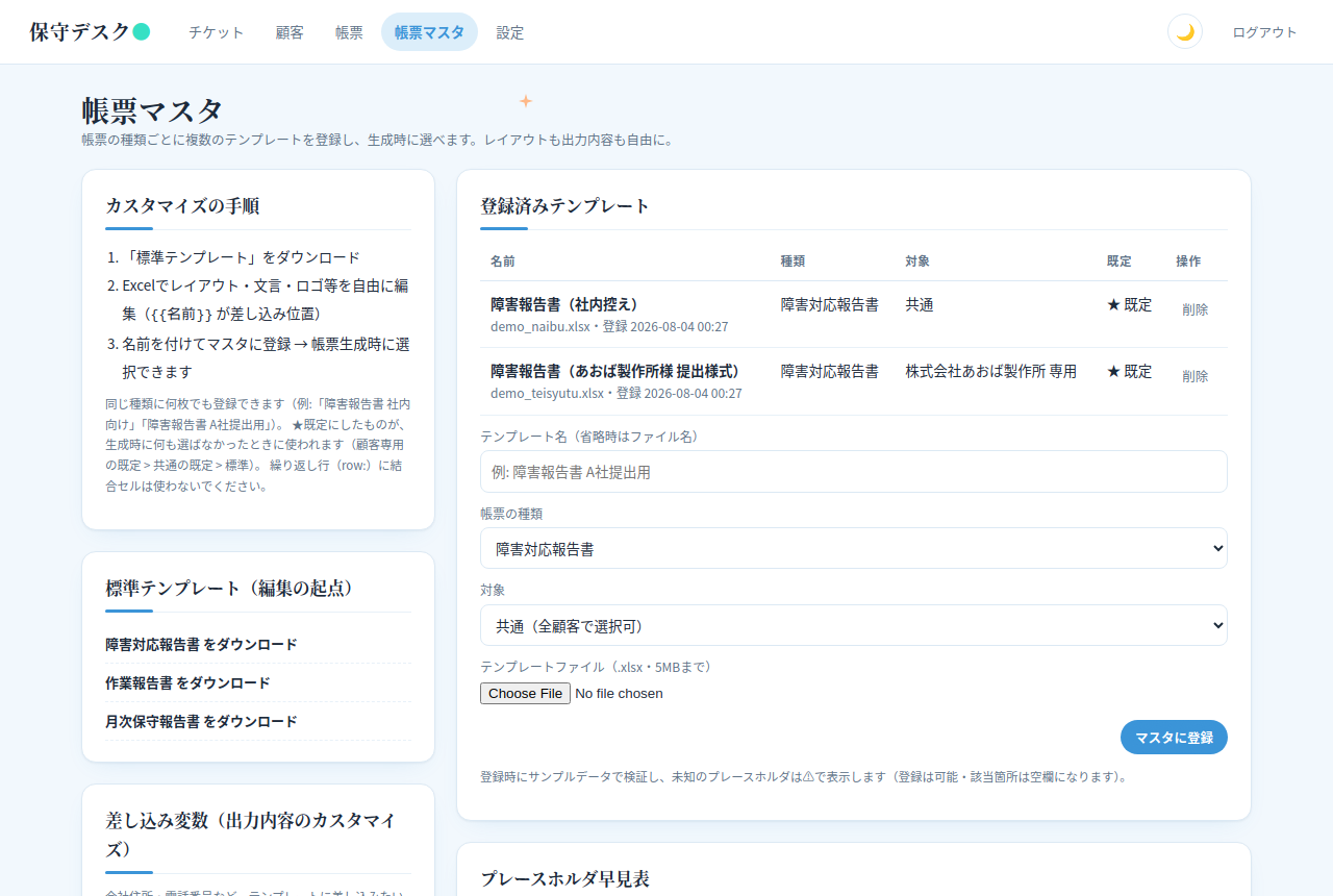 帳票マスタ画面。登録済みテンプレートの一覧（種類・対象・既定）と、テンプレート登録フォーム、プレースホルダ早見表